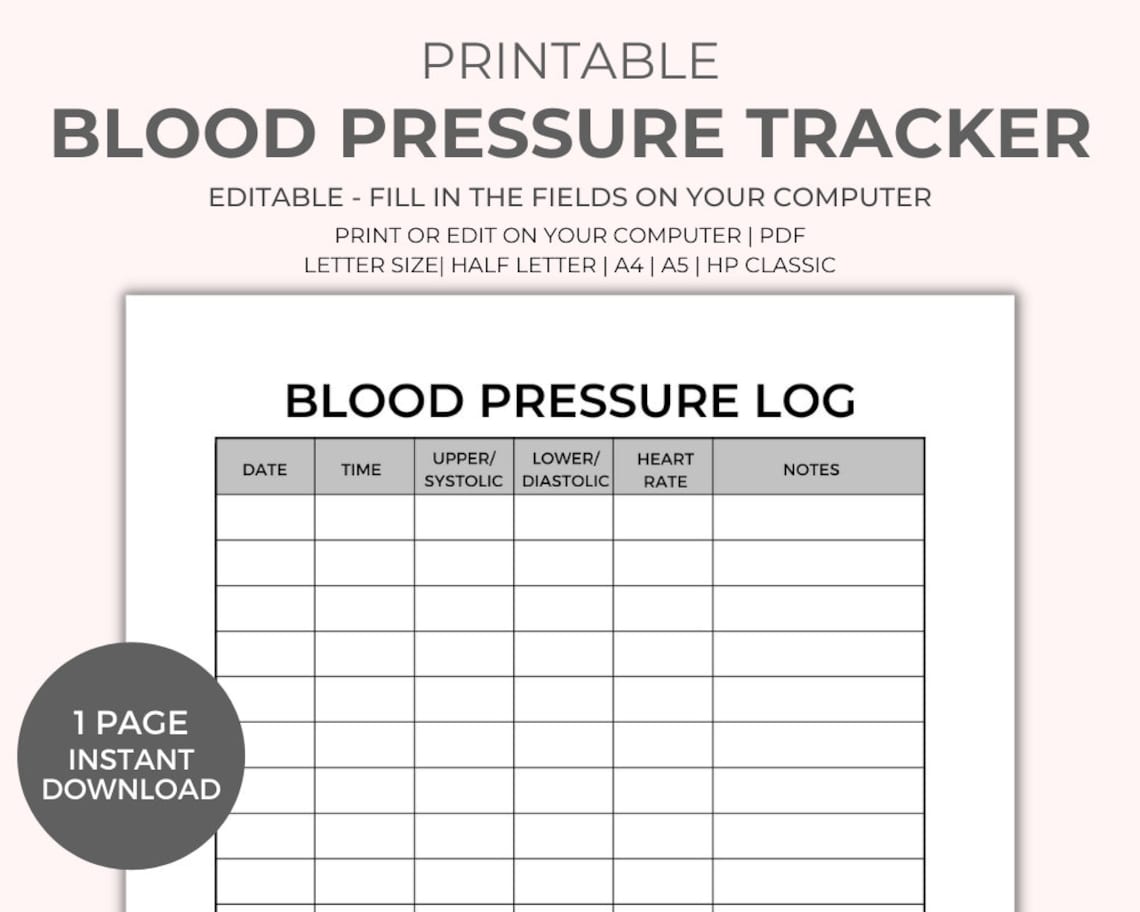 Blood Pressure Chart Printable - Instant Download, Medical Tracker ...