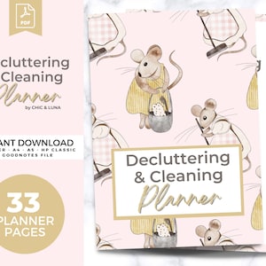 May include: A printable planner with 33 pages for decluttering and cleaning. The cover features a pink background with a repeating pattern of cartoon mice wearing yellow and pink dresses and holding cleaning supplies. The text "Decluttering & Cleaning Planner" is written in gold lettering on a white background.
