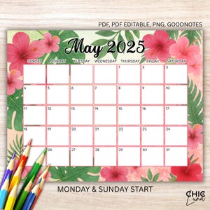 Editable May 2025 Calendar Printable | Tropical Floral PDF & GoodNotes | Monday + Sunday Start | Letter Size Horizontal | Instant Download
