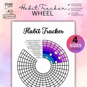 May include: A printable habit tracker wheel with a colorful design. The wheel is divided into sections with labels for different habits, such as "Healthy Breakfast", "Walk To Work", "1 Hour Reading", "30 minutes Chores", "Meditation", "Skin Care", "Vitamins", and "Gym". The wheel is designed to be used in a bullet journal or planner.