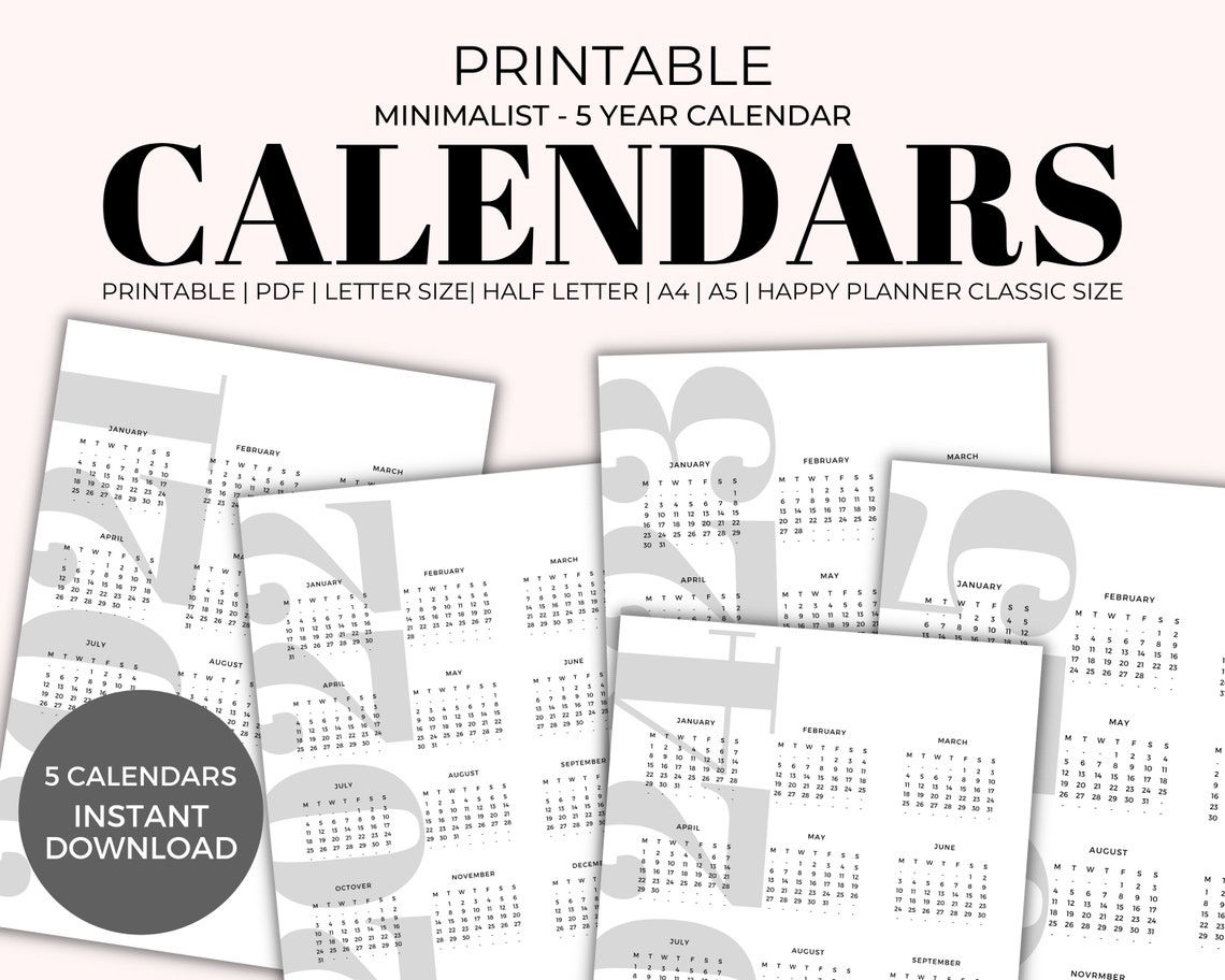 20212025 Calendars Printable Instant Download, Yearly Wall Calendar