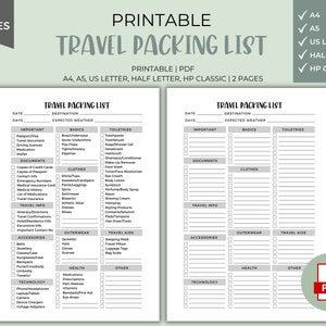 Travel Packing List Printable Instant Download, Vacation Planning, Holiday Organizer, Packing Checklist, Where to Travel, Packing list image 1