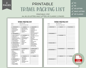 Travel Packing List Printable - Instant Download, Vacation Planning, Holiday Organizer, Packing Checklist, Where to Travel, Packing list