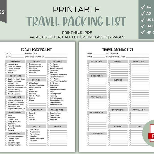 Travel Packing List Printable - Instant Download, Vacation Planning, Holiday Organizer, Packing Checklist, Where to Travel, Packing list