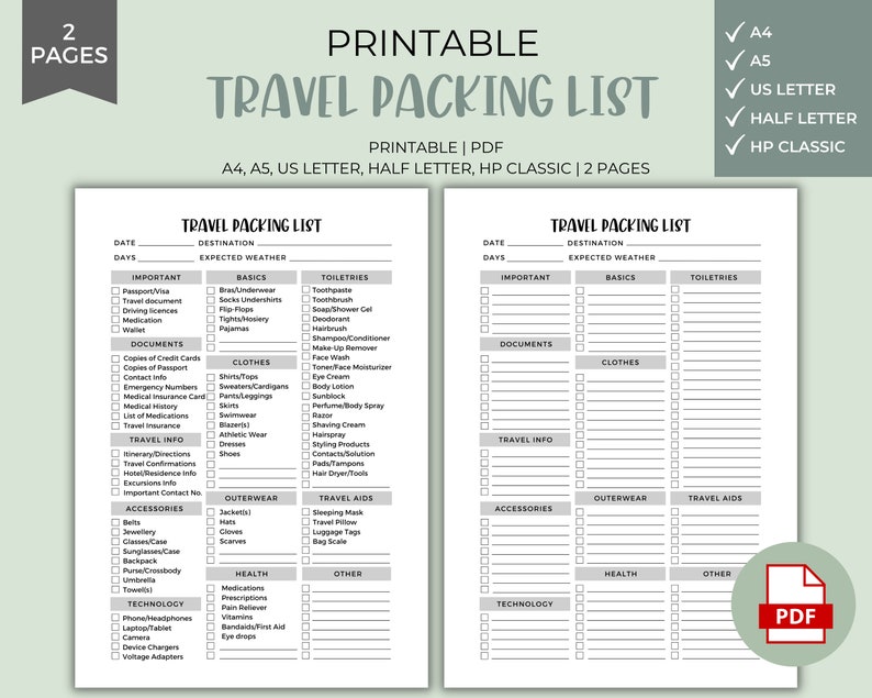 Travel Packing List Printable Instant Download, Vacation Planning, Holiday Organizer, Packing Checklist, Where to Travel, Packing list image 1