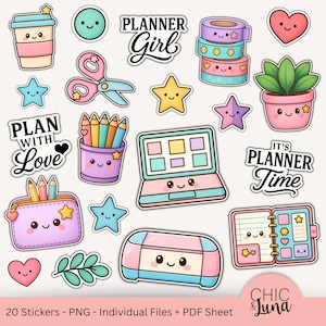 Paquete de pegatinas PNG para planificador: bonitos artículos de oficina kawaii, pegatinas para planificador, hoja de pegatinas PDF tamaño carta, pegatinas PDF para imprimir y cortar