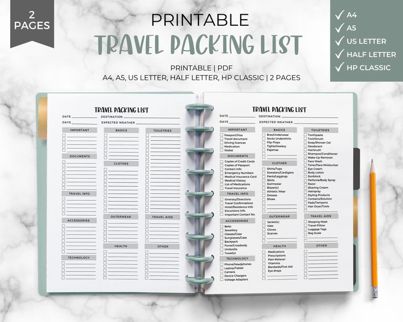 Travel Packing List Printable Instant Download, Vacation Planning, Holiday Organizer, Packing Checklist, Where to Travel, Packing list image 2