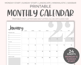 2022 Monthly Calendar Printable - Instant Download, Horizontal Calendar, Monday | Sunday Start, PDF, Blue Insert, Monthly Calendar