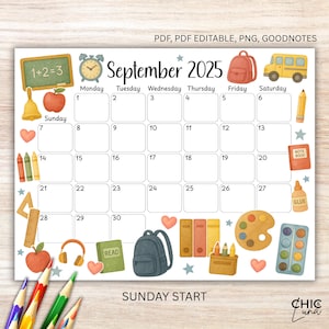Calendario de septiembre de 2025 en PDF editable con inicio en domingo – Tema de regreso a clases, GoodNotes + PNG + PDF rellenable – Tamaño carta, para maestros de escuela