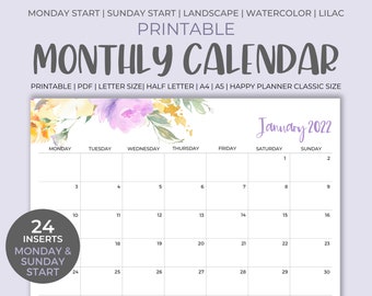 2022 Monthly Calendar Printable - Instant Download, Horizontal Monthly Calendar, Monday Start, Sunday Start, PDF Calendar