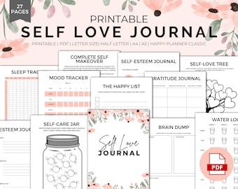 May include: Printable self-love journal with 27 pages. The journal includes pages for sleep tracking, mood tracking, self-esteem journaling, self-care jar, gratitude journaling, brain dump, and water logging. The journal is decorated with pink and green floral illustrations.