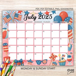 Calendario de julio de 2025 editable e imprimible / 4 de julio en PDF y GoodNotes / Inicio lunes y domingo / Tamaño carta horizontal / Descarga instantánea