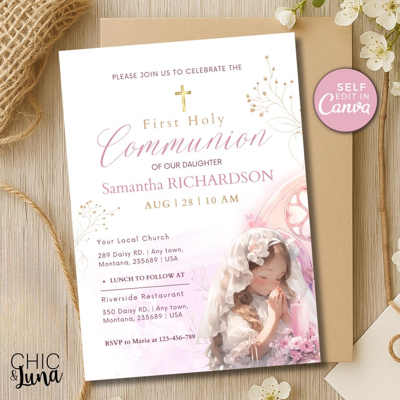 Pink Floral First Communion Invitation Girl: Editable Canva Template ...