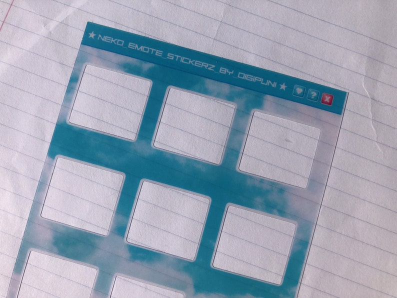 May include: A clear sticker sheet with a blue sky and white clouds background. The sheet has nine blank squares for stickers. The text "NEKO EMOTE STICKERZ BY DIGIPUNI" is at the top of the sheet.