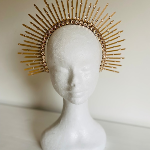 Rhinestone golden halo crown, maternity and bridal shower headdress, festival headband, sunburst mermaid headpiece