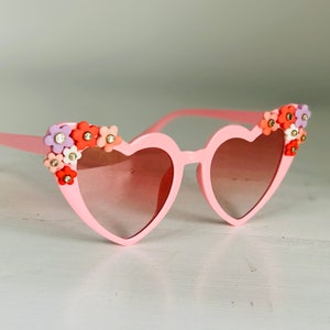 Heart shaped pink sunglasses with clay flower and hearts, embellished eyewear, fashion ladies glasses, love heart sunnies