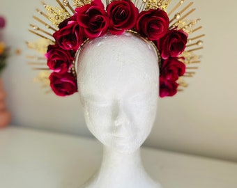 Rose and Sun halo headpiece, Golden spiked Day of the Dead headband, Rose, Pendant and rhinestone crown, photoshoot props, costume  piece