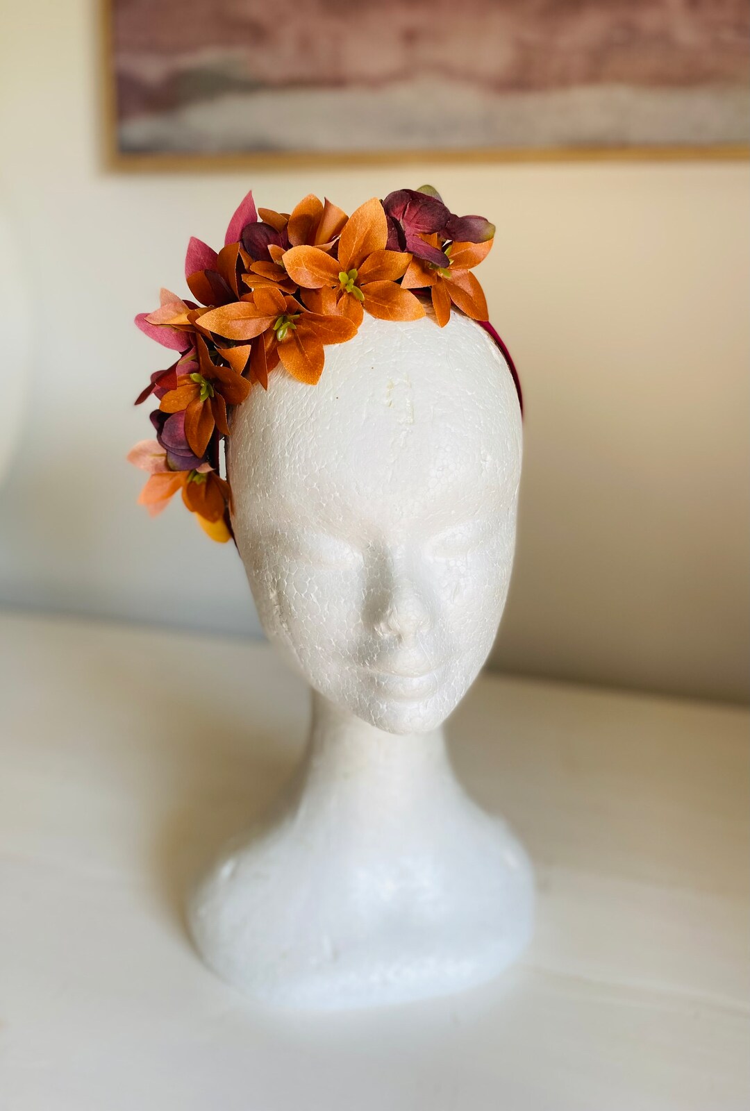 Burnt Orange, Sage and Maroon Floral Headband, Wildflower Fascinator