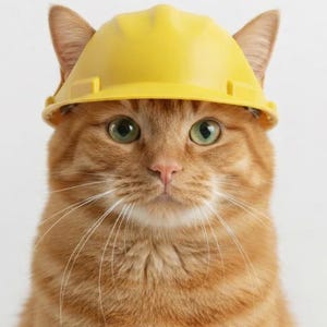 Könnte beinhalten: Eine rot getigerte Katze mit einem leuchtend gelben Bauhelm. Die Katze hat grüne Augen und weiße Schnurrhaare. Der Hintergrund ist schlicht weiß. Die Katze schaut direkt den Betrachter an.