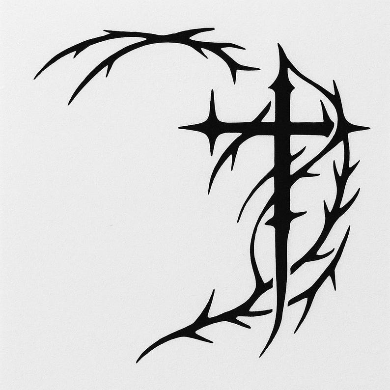 May include: A black graphic of a cross intertwined with thorny vines. The cross has pointed ends, and the vines curve around it, creating a decorative, gothic-inspired design on a white background.