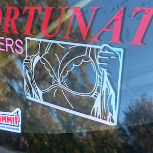 Puede incluir: Una pegatina blanca con un contorno negro que representa a una persona quitándose una prenda del hombro. La pegatina está en la ventana de un coche con una pegatina rosa y roja encima que dice "FORTUNATE" y "COVERS".