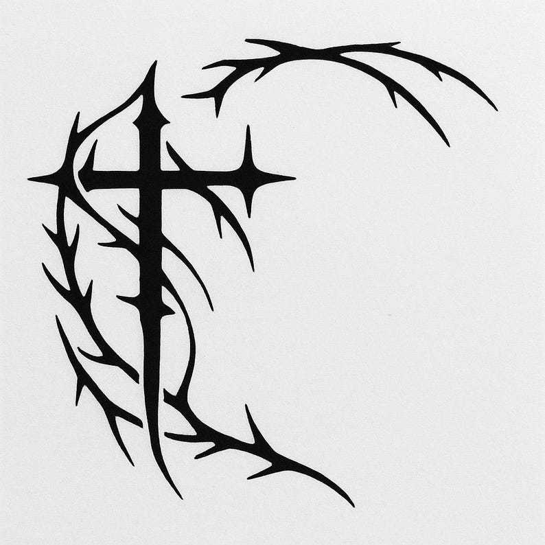 May include: Black graphic of a cross intertwined with thorny vines. The cross has elongated arms and a pointed top. The vines curve around the cross and extend outward, creating a decorative design. The image is set against a white background.