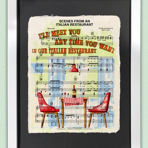 Scenes From An Italian Restaurant Art Print | Framed Wall Art | Sheet Music Art | Billy Joel Artwork | Gallery Wall Art | Table Illustration
