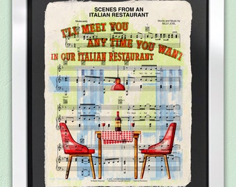 Scenes From An Italian Restaurant Art Print | Framed Wall Art | Sheet Music Art | Billy Joel Artwork | Gallery Wall Art | Table Illustration