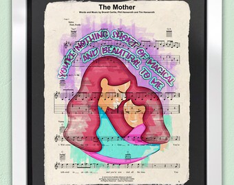 The Mother Art Print | Framed Wall Art | Sheet Music Art | Brandi Carlile Artwork | Gallery Wall Art | Mother Hugging Daughter Illustration