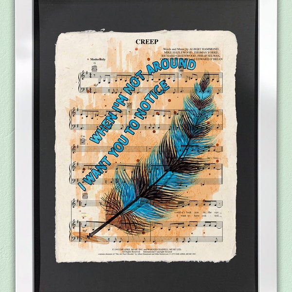 Creep Art Print | Framed Wall Art | Sheet Music Art | Radiohead Artwork | Gallery Wall Art | Feather Illustration