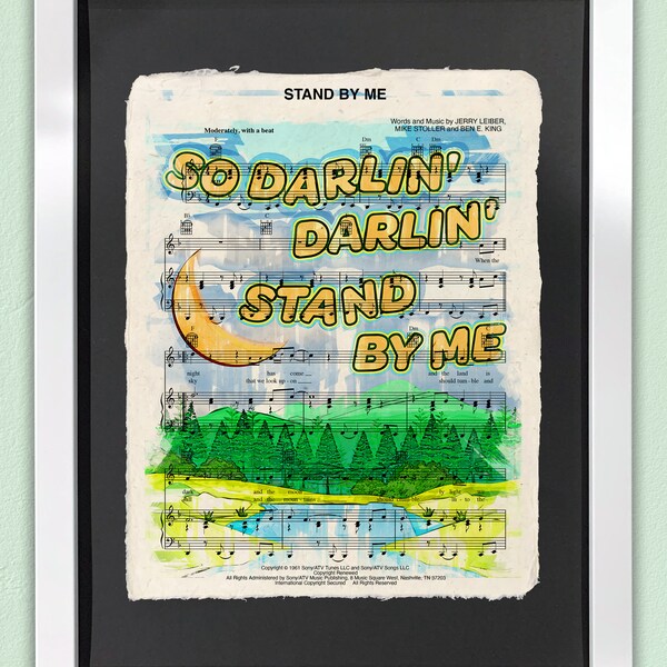 Stand By Me Art Print | Framed Wall Art | Sheet Music Art | Ben E King Artwork | Gallery Wall Art | Moon Trees Water Scene Illustration