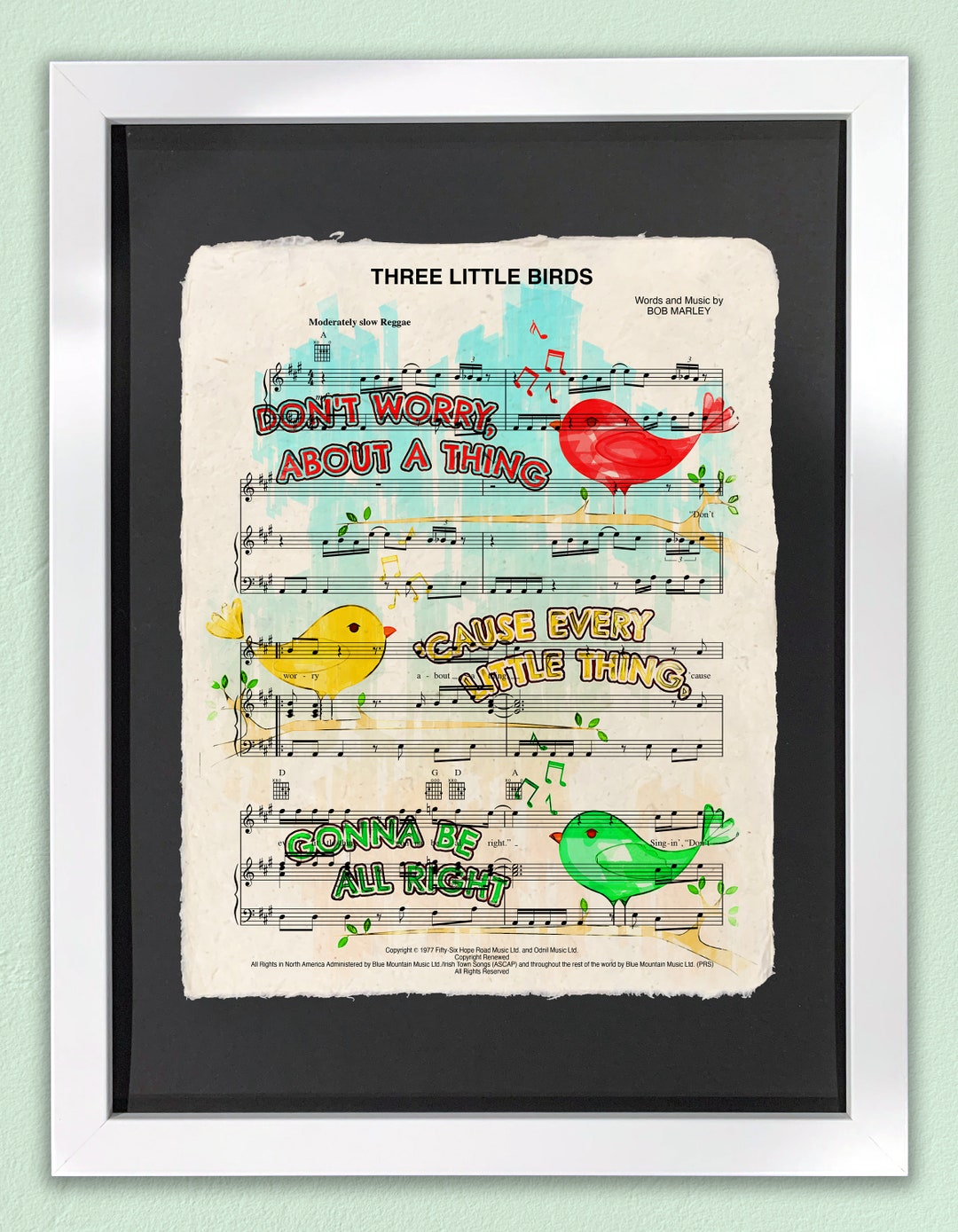 Three Little Birds Art Print Framed Wall Art Sheet Music Art Bob Marley