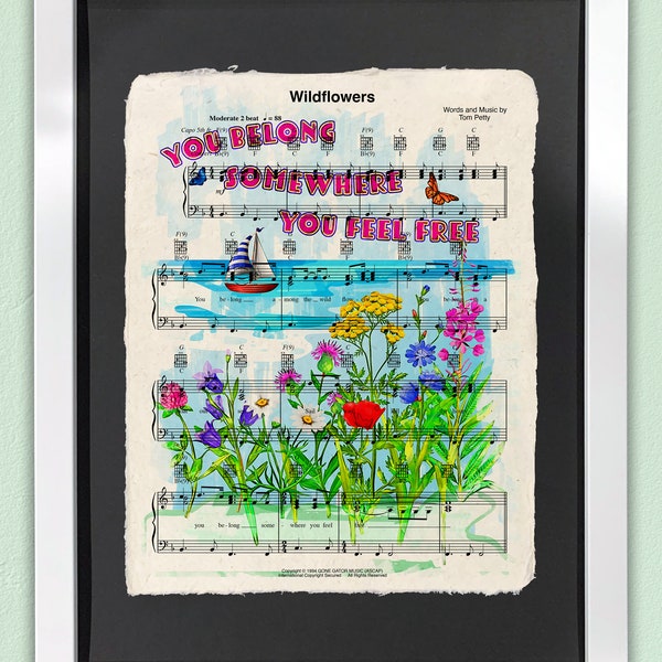 Wildflowers Art Print | Framed Wall Art | Sheet Music Art | Tom Petty Artwork | Gallery Wall Art | Wildflowers Sailboat At Sea Illustration