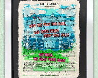 Empty Garden Art Print | Framed Wall Art | Sheet Music Art | Elton John Artwork | Gallery Wall Art | City Park Lennon Tribute Illustration