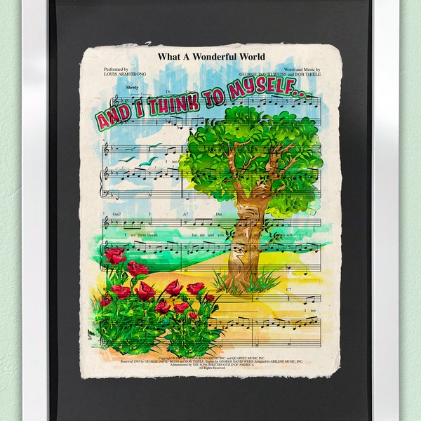 What A Wonderful World Art Print | Framed Wall Art | Sheet Music Art | Louis Armstrong Artwork | Gallery Wall Art | Flowers Illustration