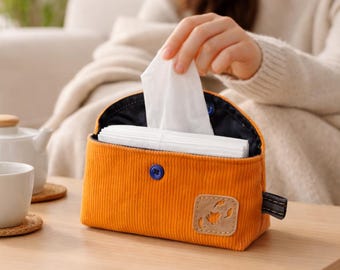 Cord Taschentuch Etui in Orange & Petrol – kleines Geschenk für Frauen unter 10 Euro, handgemacht und weich, Maße 13,5 cm x 6,5 cm (B x H)