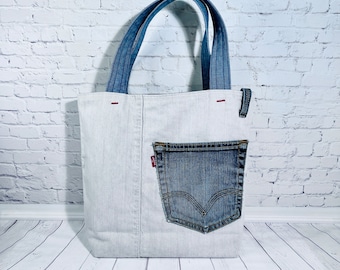 Jeans Shopper in hellem Beige aus Upcycling Jeans, Einkaufsbeutel Einkaufstasche Markttasche, Jeanstasche zum einkaufen