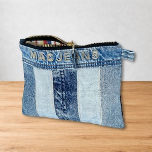 Mini Tasche aus Jeans Patchwork – handgemachtes Etui aus Denim Streifen, Upcycling Design, kleine Aufbewahrung – Denim Unikat