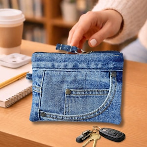 Flache Kosmetiktasche aus Jeans Upcycling – kleine Denim Tasche mit Reißverschluss, handgemachtes Unikat für Alltag & Reise