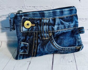 Kleine Jeanstasche Schminktasche, Jeanstäschchen aus Jeans Upcycling, Unikat Handtaschenorganizer Jeans Kosmetiktasche