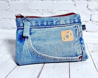 Mini Jeanstasche mit Reißverschluss aus Jeans Upcycling, Handtaschenorganizer kleine Schminktasche Jeans Kosmetiktasche, Jeanstäschchen