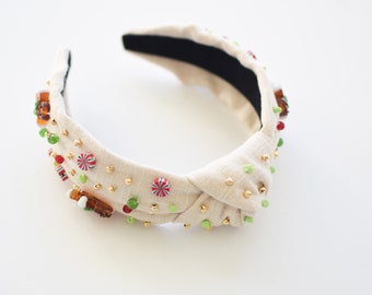 Gingerbread Knotted Headband, Women's Headband, Knotted Headband, embellished, Handsewn, beaded, Christmas, Ugly Sweater, Gift