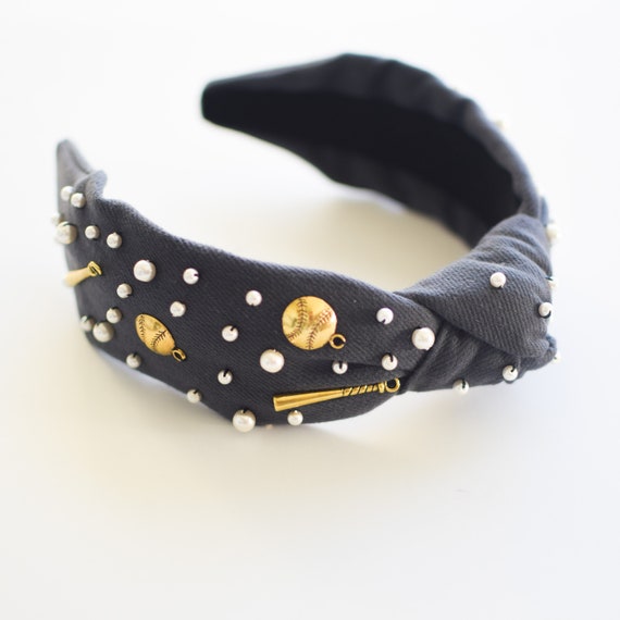 Baseball Knotted Headband: Handsewn Pearls & Gold Beads - Etsy display picture 3
