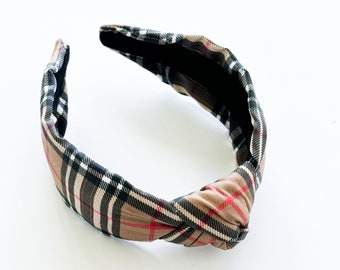 Tan Tartan Headband, Women's Headband, Knotted Headband, Classic Knot headband, Comfy Headband