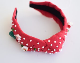 Santa Knotted Headband, Women's Headband, Knotted Headband, embellished, Pearls, beaded, Christmas, Ugly Sweater, Gift