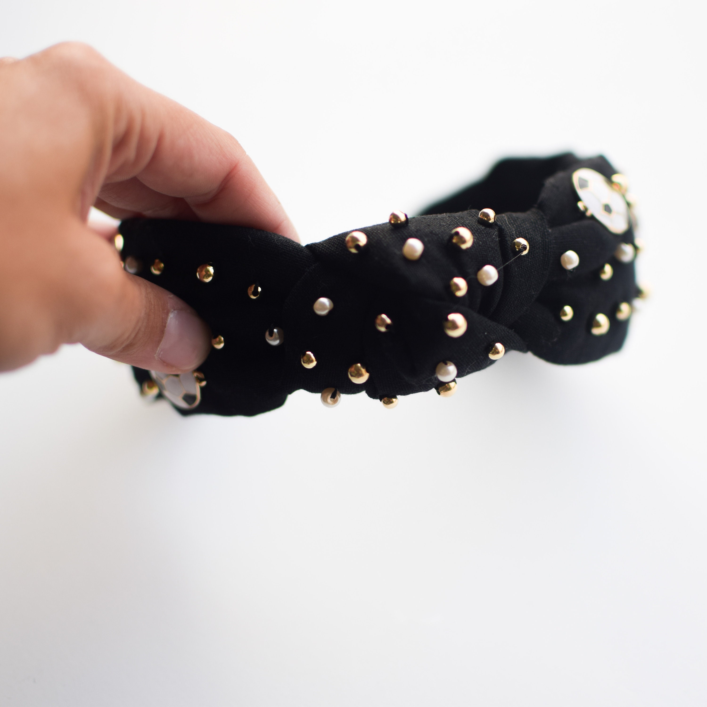 YARIEW Fascia Per Capelli Calcio Con Perle E Strass, Nodo Frontale, Gialla, Accessorio Sportivo Per Tifose E Regalo Per Mamma