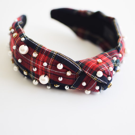 Red Tartan Knotted Headband: Beaded Pearl Embellished  display picture 1
