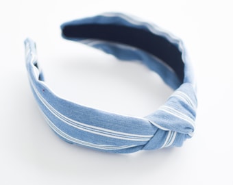 Blue Stripe Knot Headband, Women's Headband, Knotted Headband, Denim, Mother's Day, Gift, Comfy Headband