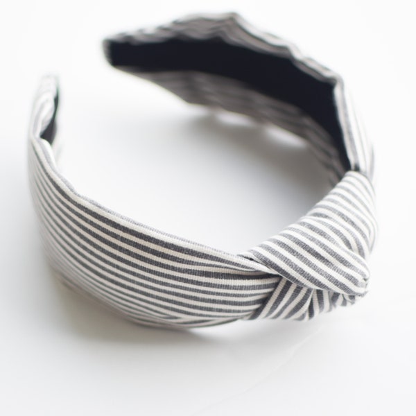 Dark Gray Stripe Headband, Women's Headband, Knotted Headband, Gift, Stripes, Linen, Hard Headband
