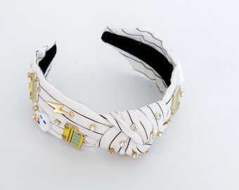 School Bus Knot Headband: Striped Linen, Beaded Embellishments